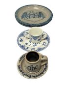 DAVID ELDRETH SALT GLAZED POTTERY PIE PLATES AND CHILDRENS CUP AND SAUCER