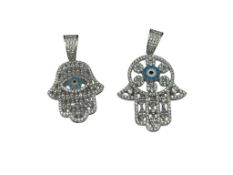 TWO STERLING SILVER HAMSA GOOD VIBES ONLY SYMBOL COLORLESS CZ PENDANTS
