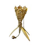 CIRCA 1860'S FRENCH PIERCED GILT METAL TUSSIE MUSSIE POSEY / POSY HOLDER CORNUCOPIA SHAPE