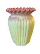 VICTORIAN FENTON BURMESE RIBBED URANIUM GLASS VASE FEATURING CRIMPED TOP