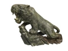 ANTIQUE HAND CARVED SERPENTINE FEROCIOUS TIGER SCULPTURE