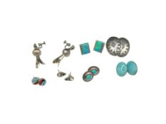 SIX PAIRS OF NATIVE AMERICAN STERLING SILVER EARRINGS INCLUDING SOME WITH TURQUOISE