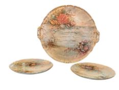 ANTIQUE FRENCH PORCELAIN LEMON SHAPED PLATTER AND PLATES WITH SEAS SHELL MOTIF