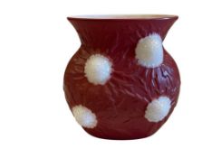 1930'S ART DECO PHOENIX CONSOLIDATED GLASS SCULPTED JEWEL THISTLE VASE FEATURING WHITE ON RED