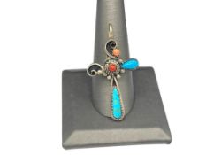 VINTAGE ROSE CHARLEY NAVAJO ARTIST SIGNED TURQUOISE AND CORAL CROSS PENDANT