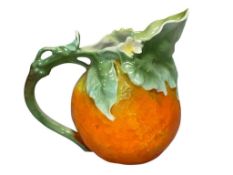 VICTORIAN PERIOD ROYAL BAYREUTH ORANGE PITCHER / CREAMER WITH LEAF HANDLE AND SPOUT