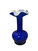 HAND BLOWN COBALT BLUE AND WHITE ART GLASS VASE
