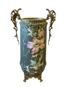 19TH CENTURY WAVE CREST / KELVA ENAMELED FLORAL ART GLASS VASE WITH GILT BASE AND ORNATE HANDLES