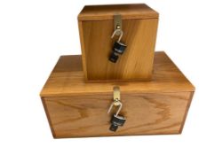 TWO LOCKABLE OAK STORAGE BOXES WITH MASTER LOCK PAD LOCKS AND KEYS