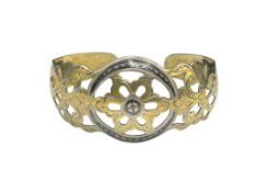 VINTAGE STERLING SILVER CUFF BRACELET FEATURING PIERCED DESIGN WITH GOLD TONE ACCENTS MADE IN USSR