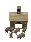 ANTIQUE HEAVY CAST IRON STOCK FARM / LIVESTOCK BUILDING WITH SIX CAST IRON FARM ANIMALS
