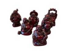 SET OF SIX RED RESIN LAUGHING BUDDHA FIGURES COMMON SYMBOLS IN CHINESE CULTURE / FENG SHUI