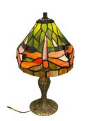 DRAGONFLY STAINED GLASS PANEL TIFFANY STYLE TABLE LAMP WITH BRASS FINISH CAST METAL BASE