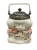 LATE 19TH CENTURY C.F. MONROE WAVE CREST OPALWARE BISCUIT / CRACKER BARREL WITH SILVERPLATE TOP