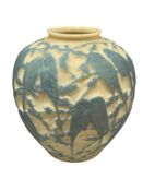 1930'S ART DECO PHOENIX / CONSOLIDATED GLASS CO. BLUE AND CREAM SCULPTED PARAKEET VASE