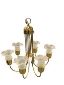 VINTAGE 1980'S SIX-ARM BRASS CHANDELIER WITH FROSTED GLASS FLUTED SHADES