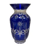 TALL BOHEMIA CRYSTAL COBALT CUT TO CLEAR VASE WITH STAR TAND THUMBPRINT DESIGN