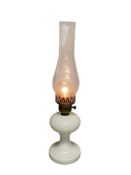 EARLY 20TH CENTURY ELECTRIFIED MILK GLASS OIL LAMP WITH CLEAR GLASS CHIMNEY
