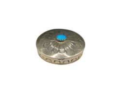VINTAGE NAVAJO STERLING SILVER TURQUOISE AND STAMPED DESIGN PILL BOX