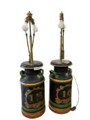 PAIR OF CONVERTED ANTIQUE MILK CAN TABLE LAMPS WITH HAND PAINTED DESIGN 