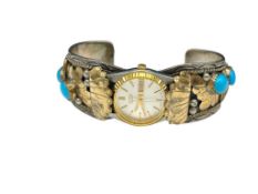 VINTAGE NAVAJO HARRY B. YAZZIE STERLING SILVER AND TURQUOISE WATCH TIPS WITH SEIKO QUARTZ WATCH