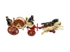 1970'S CAST IRON SPLIT MOLD ANTIQUE STYLED HORSE DRAWN FIRE HOSE REEL WAGON
