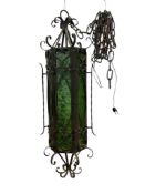 SPANISH REVIVAL ANTIQUE WROUGHT IRON HANGING LANTERN WITH GREEN GLASS PANELS
