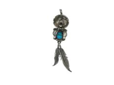 VINTAGE STERLING SILVER NATIVE AMERICAN FIGURAL GRIZZLY BEAR, TURQUOISE, AND FEATHER DANLGE PENDANT