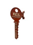 VINTAGE CAST ALUMINUM KEIL ADVERTISING TRADE SIGN SHAPED LIKE A KEY BY KEIL COMPANY DOUBLE-SIDED