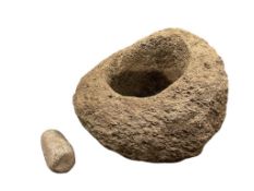LARGE NATIVE AMERICAN ARTIFACT PESTLE AND MORTAR, METATE AND MANO