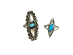 TWO VINTAGE NAVAJO STERLING SILVER INLAID TURQUOISE AND MOTHER OF PEARL RINGS