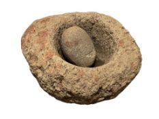 LARGE NATIVE AMERICAN ARTIFACT PESTLE AND MORTAR, METATE AND MANO