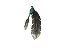 VINTAGE NAVAJO HARVEY MACE ARTIST SIGNED STERLING SILVER FIGURAL FEATHER AND TURQUOISE BROOCH