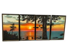 J. HYONG LEE PANORAMIC FOUR-PIECE OIL ON CANVAS SUNSET LANDSCAPE PANEL