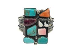 NAVAJO MARCUS CHAVEZ ARTIST SIGNED STERLING SILVER MULTI-STONE CUFF BRACELET FEATURING TURQUOISE