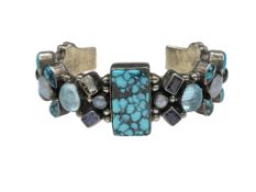 VINTAGE NAVAJO SHERRY SANDOVAL ARTIST SIGNED TURQUOISE AND GEMSTONE CUFF BRACELET