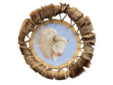 ORIGINAL OIL PAINTING ON DEER HIDE BY NAVAJO ARTIST JIMMY YELLOWHAIR OF WHITE ALBINO BUFFALO