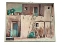 LEE REYNOLDS BURR LARGE PAINTING ON CANVAS PUEBLO SCENE ADOBE ARCHITECTURE