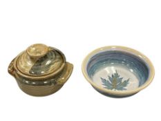 TWO VINTAGE SIGNED STUDIO POTTERY PIECES INCLUDING LIDDED POT AND MAPLE LEAF THEME BOWL