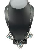 ANTIQUE NAVAJO ARTIST SIGNED SAND CAST STERLING SILVER AND TURQUOISE BUTTERFLY NECKLACE