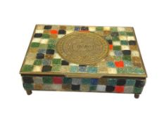 MEXICAN MOSAIC GLASS AND BRASS LIDDED BOX FEATURING AZTEC CALENDAR DECORATED LID