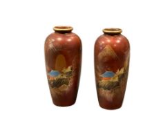 PAIR OF VINTAGE JAPANESE LACQUERWARE LANDSCPE MINIATURE BUD VASES