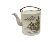 JAPANESE PORCELAIN TEAPOT WITH LANDSCAPE SCENE AND WICKER WRAPPED HANDLE