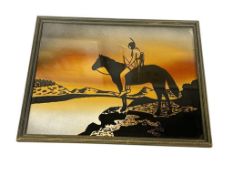 20TH CENTURY SILHOUETTE OF A NATIVE AMERICAN ON HORSEBACK WITH SILVER / GOLD HUE BACKGROUND