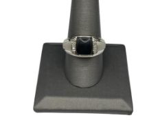 STERLING SILVER ONYX AND DIAMOND RING