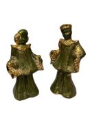 VINTAGE MID- CENTURY HAND MADE POTTERY JAPANESE FIGURES IN GREEN AND GILT FINISH