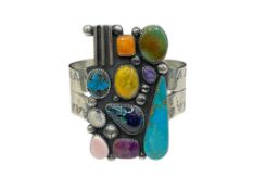 NAVAJO MARCUS CHAVEZ ARTIST SIGNED STERLING SILVER MULTI-STONE CUFF BRACELET FEATURING TURQUOISE