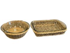 ANCHOR HOCKING AND PYREX GLASS BAKING DISHES WITH MATCHING WICKER HOLDERS