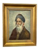 VINTAGE 20TH CENTURY ORIGINAL OIL ON CANVAS PORTRAIT OF A BEARDED MAN WEARING A TURBAN