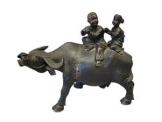 ANTIQUE CHINESE HAND CARVED WOOD SCULPTURE OF A WATER BUFFALO WITH CHILDREN